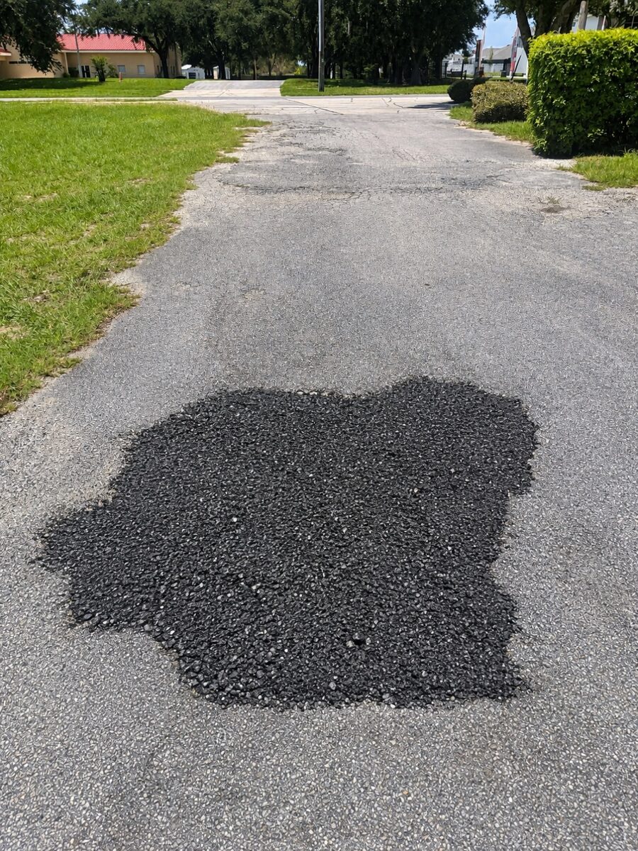 Fully patched pothole, tacked and hand tamped, clean edges